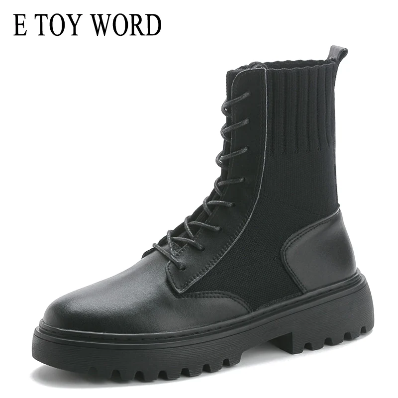 

E TOY WORD 2019 women boots Black Martin boots Women Motorcycle boots wool mouth autumn shoes thick heel lace up botas