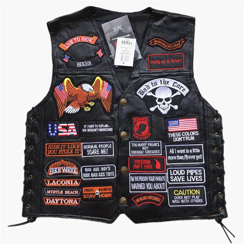 

Letter Embroidery Patches Mens Genuine Leather Motorcycle Vest US Flag Eagle Motorbike Waistcoat Knight Punk Sleeveless Jacket