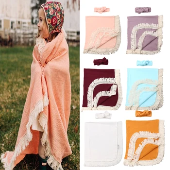 

60*75cm solid color Newborn Baby Girl Swaddle Wrap Blanket Muslin Cotton Sleeping Mat+Headband