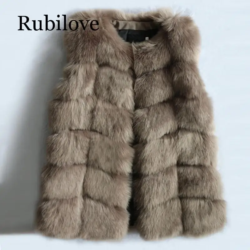 Rubilove, Женское пальто из искусственного меха без рукавов, жилет в клетку, Толстая теплая Женская куртка, жилеты, зимняя женская элегантная верхняя одежда - Цвет: Coffee