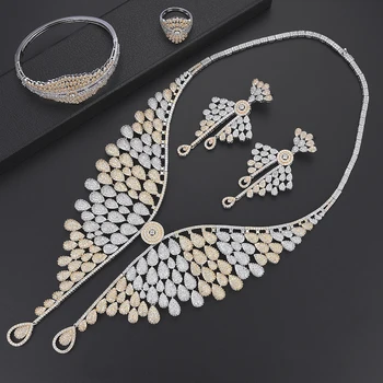 

LARRAURI Luxury Statement Cubic Zirconia Big Necklace Drop Earrings Ring Bracelet Bangle For Women Bridal Wedding Jewelry Sets