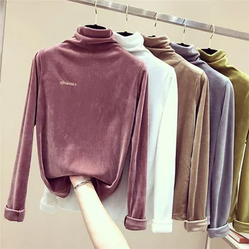 

Women T-shirt Gold Velvet High Collar Long Sleeve Solid Color Bottoming Shirt Tops 2020 Ladies Autumn Winter New Fashion T-Shirt