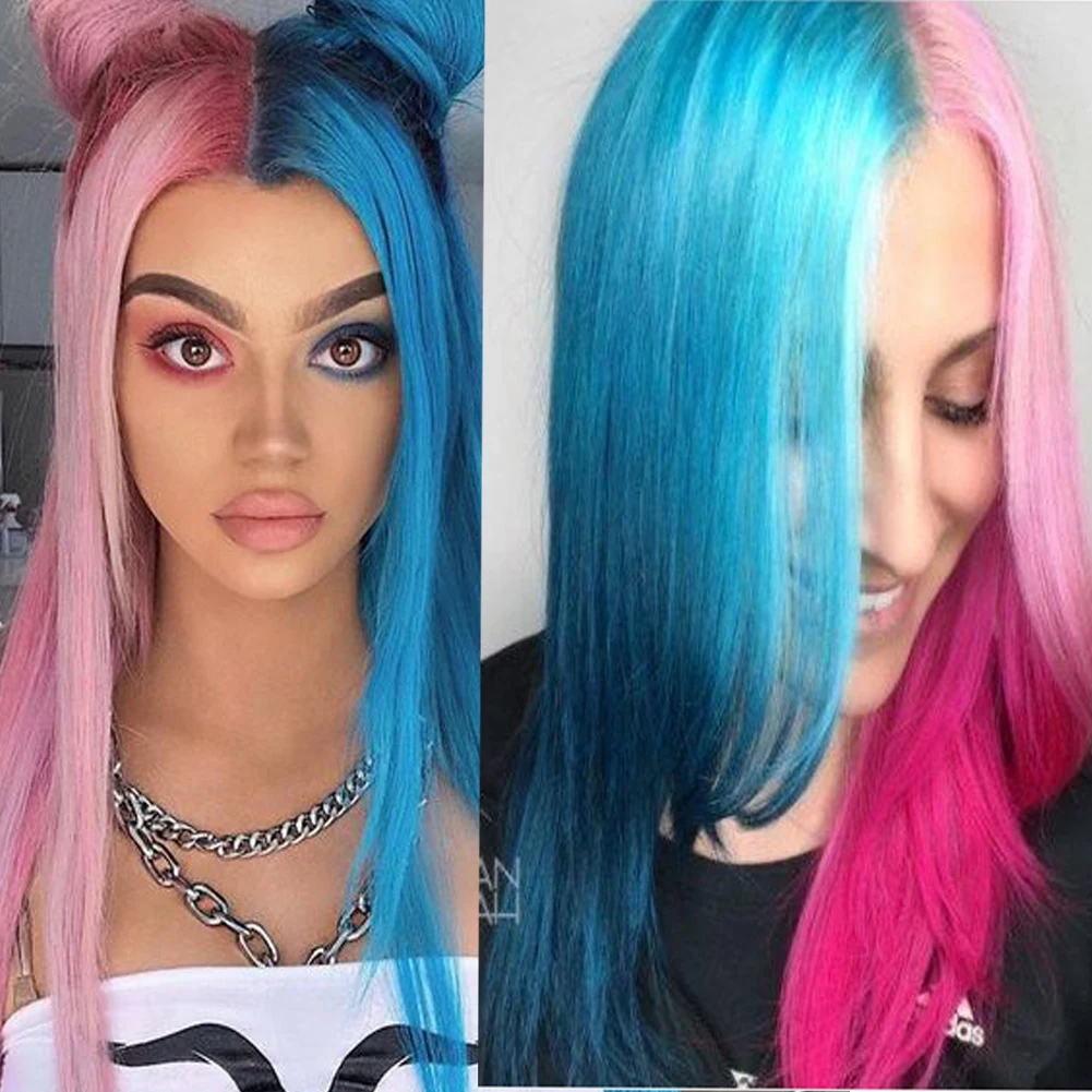 

DLM Synthetic Half Pink Half Blue long straight Wigs Cosplay Wigs150%Density None Lace Wig Colorful Color Synthetic Wig