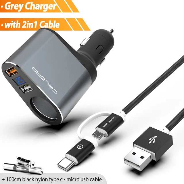 Автомобильное зарядное устройство Quick Charge 3,0 Qc3.0 Dual Usb Автомобильное зарядное устройство адаптер цифровой светодиодный дисплей Быстрая зарядка для мобильного телефона samsung - Тип штекера: grey charger w cable