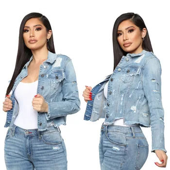 

Women's Fashion Washed Hole Long Sleeve Denim Jacket