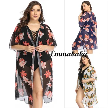 

Women Floral Print Flare Sleeve Half Sleeve Bikini Cover Ups Swimwear Summer Beachwear Lace-up Cardigan Bikini Cover Ups Tops