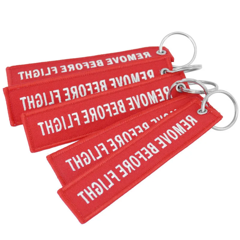 

1 Pcs Sell Remove Before Flight Fashion Tags Keychain Keyring Rectangle Polyester Embroidery Message 13*3CM