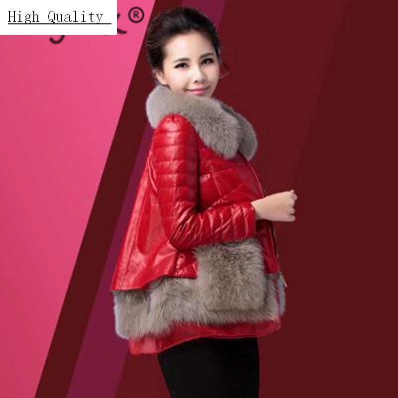 

Genuine Leather Real Sheepskin Coat Female Winter Down Jacket Women Real Fox Fur Hooded Thick Warm Short Jackets PY1515