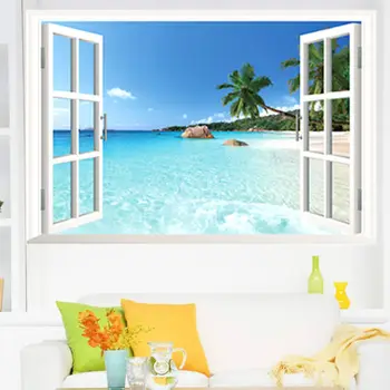 

Summer Beach Wall Sticker Decor Large Removable Beach Sea 3D Window View Scenery Wall Sticker Decor Decals