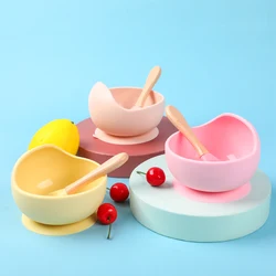 3PCS Set Silicone Baby Feeding Bowl Set Waterproof Baby Learning Dishes Food Grade Suction Bowl Set Wood Spoon Non-Slip BPA Free