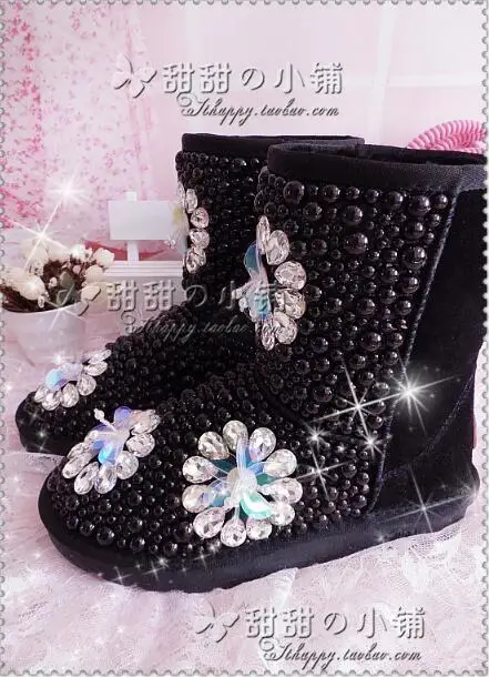Beautiful Princess Black Pearl Full Diamond Rhinestone Gemstone Tube Black Leather Leather Snow Boots