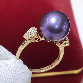 

D419 Pearl Ring Fine Jewelry Solid 14K Gold Round 12-13mm Natural Fresh Water Purple Pearls Rings for Women Presents