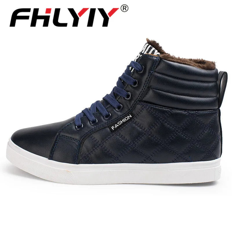 Blue Fhlyiy брендовые зимние модные кожаные высокие кроссовки мужская обувь с мехом плюш теплая Повседневная Классическая удобная мужская обувь - Цвет: Blue