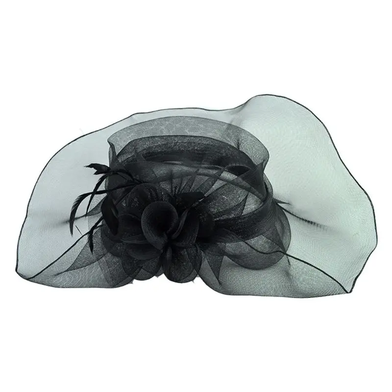 Women Fascinator Hat Vintage Hairpin Broad Brim Headwear Flower Mesh Party Veil U50C