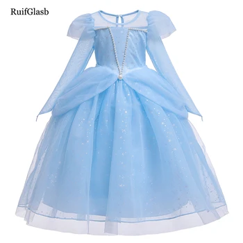 

Girls Cinderella Dress up Cosplay Costumes Baby children Full sleeves pearls dresses Tulle Party weddingdress
