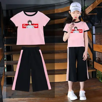 

2020 Children's Clothing Summer Suit Short-sleeved Girls Two-piece Girls Teen Clothes Sports Set Short Sleeve + Cropped Pants