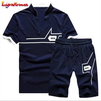 

Men's Summer Fashion 2PC Set Sport Suits EUR/US Size Male Casual Beach Tracksuit Stand Collar Tee Shirts + Shorts Male Tracksuit