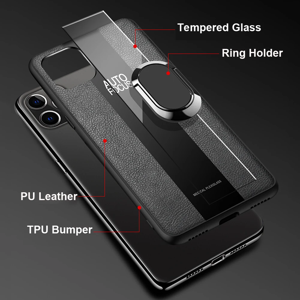 Гибридный чехол с магнитным кольцом и подставкой для iPhone 11 Pro Max XR XS X, резиновый чехол из искусственной кожи и закаленного стекла, гибридный чехол для iPhone 6s 8