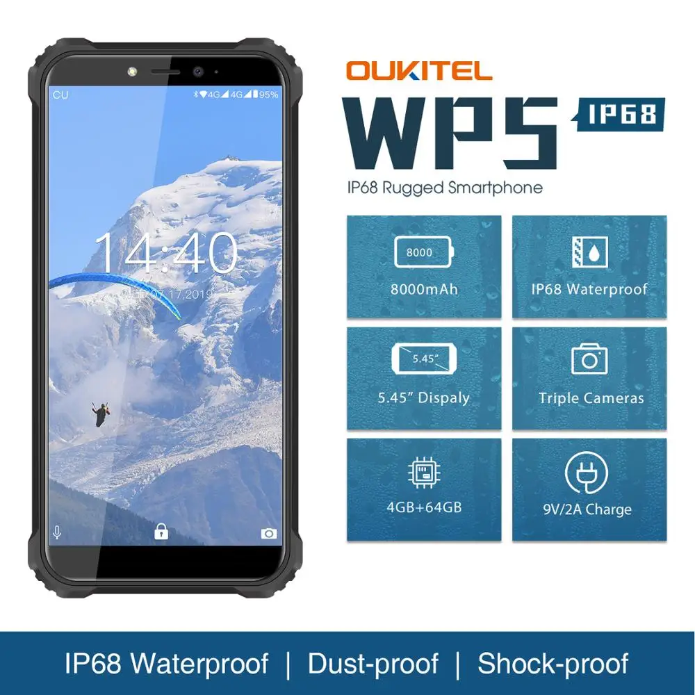 

OUKITEL WP5 IP68 Waterproof Dust Shock Proof Mobile Phone 4GB 64GB MTK6763 Quad Core 5.45" 18:9 10000mAh Fingerprint Smartphone