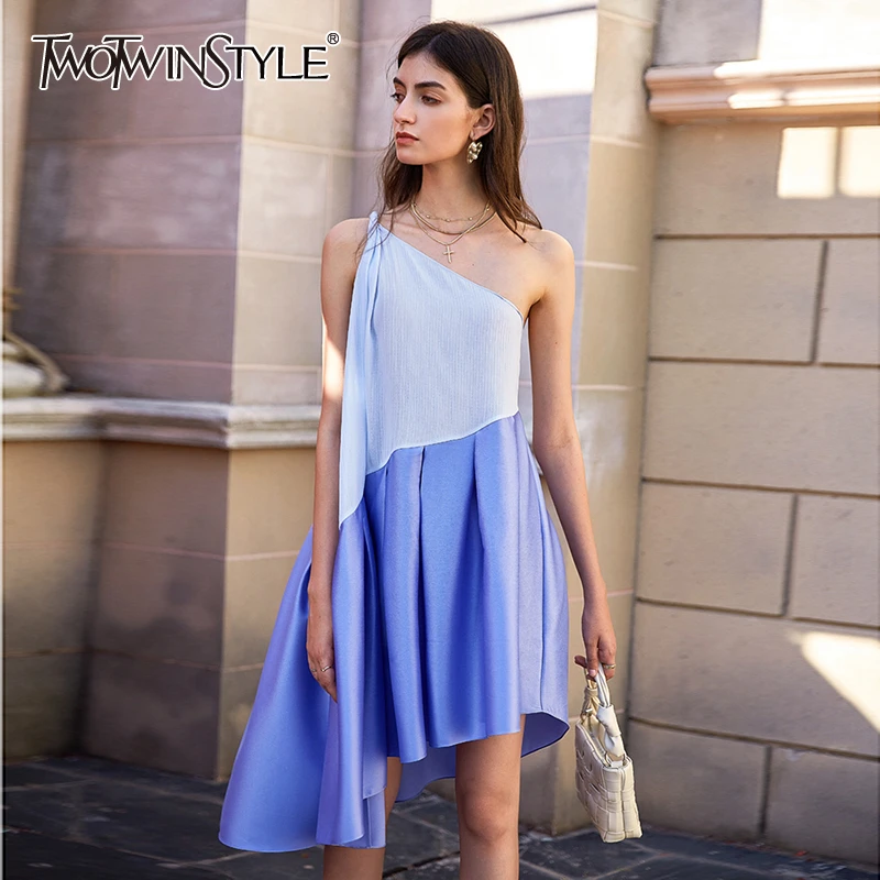 TWOTWINSTYLE Elegant Dresses Female Asymmteircal Neck Sleeveless One Shoulder High Waist Irregular Hem Hit Color Dress Women New TWOTWINSTYLE Elegant Dresses Female Asymmteircal Neck Sleeveless One Shoulder High Waist Irregular Hem Hit Color Dress Women New
