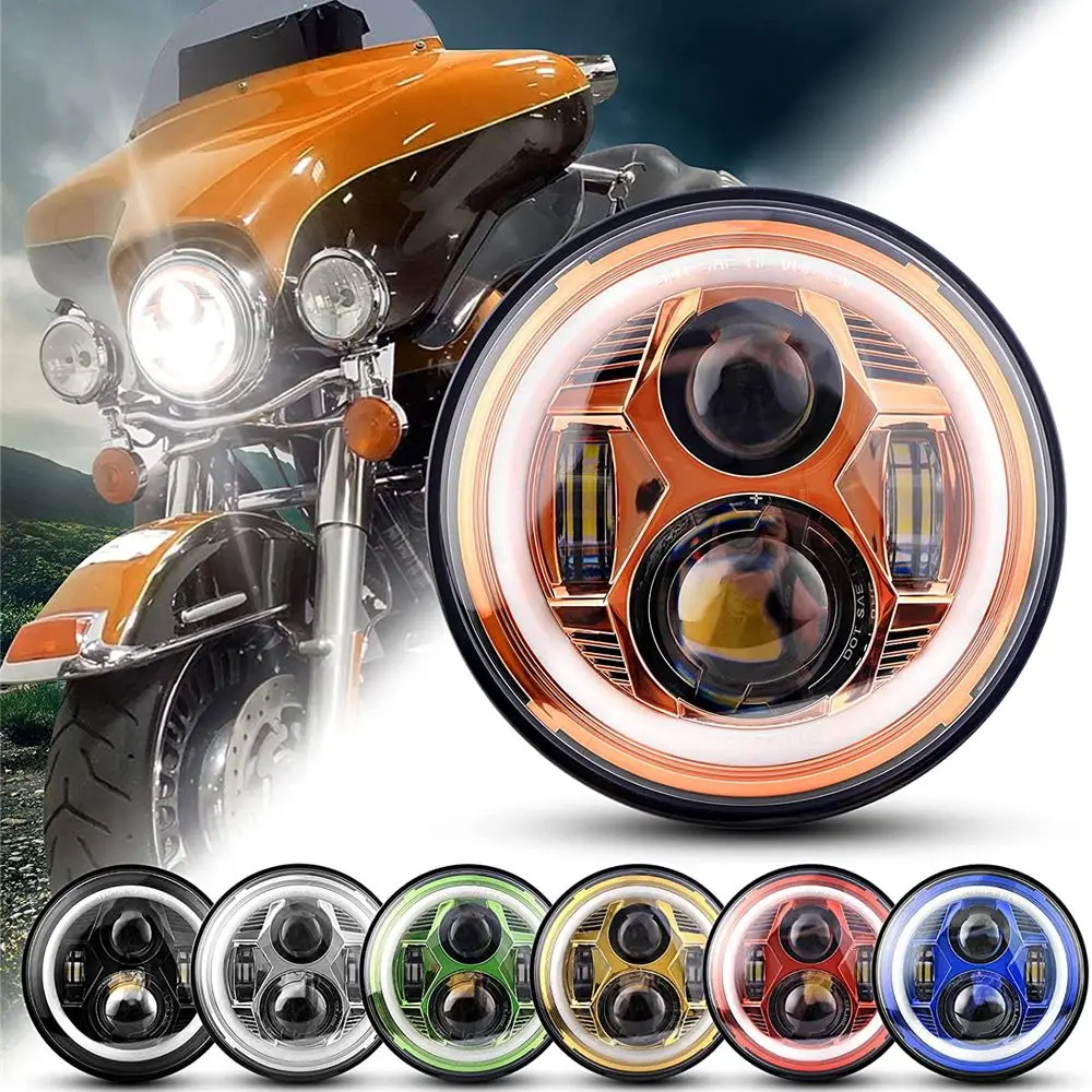 Motorcycle 7inch LED Headlight 7" H4 LED DRL Halo Ring Amber Turn Signal Headlam