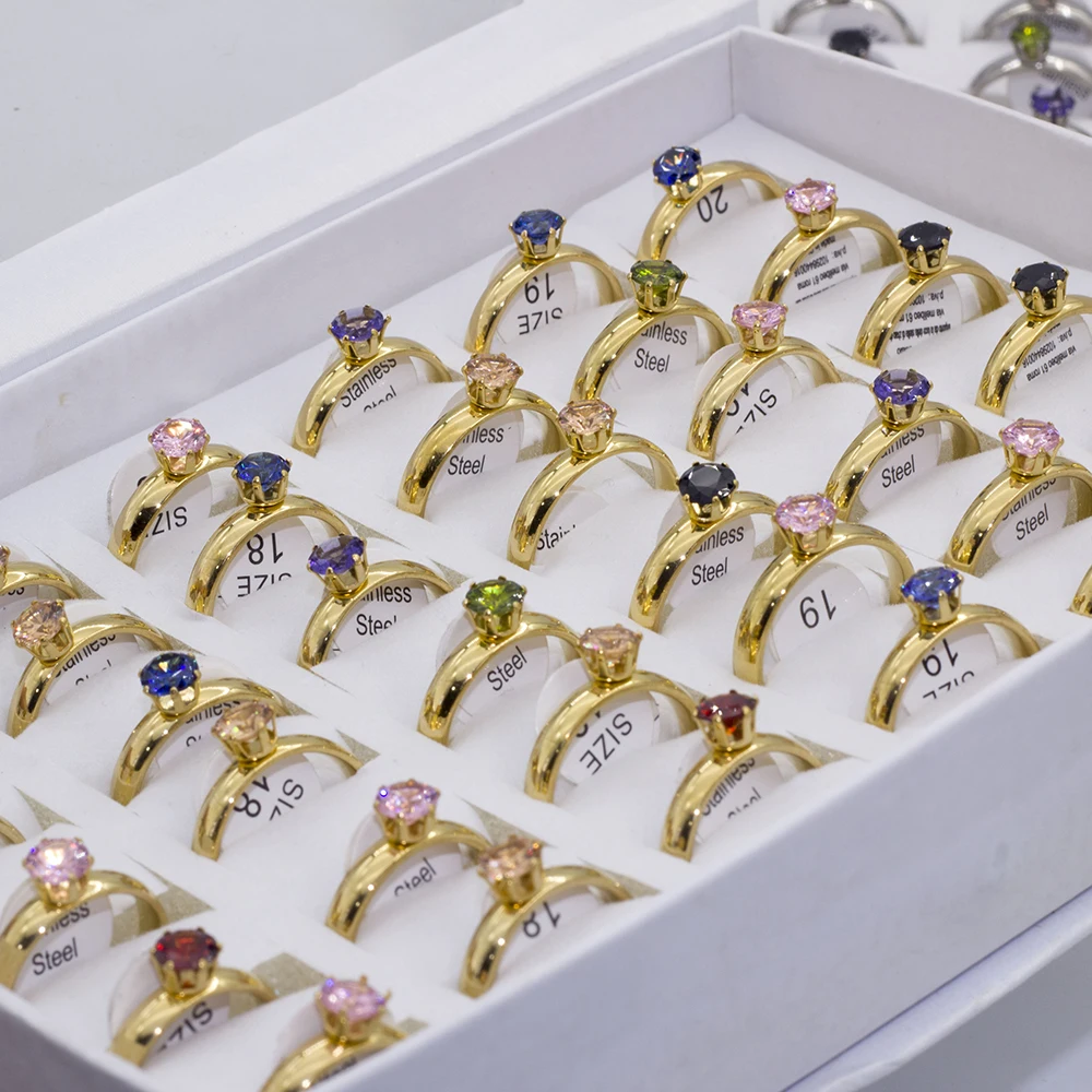 Wholesale 36Pcs/lot Mix Style Zircon Rhinestone Stainless Steel Rings Wedding Ring Women Mens Ring