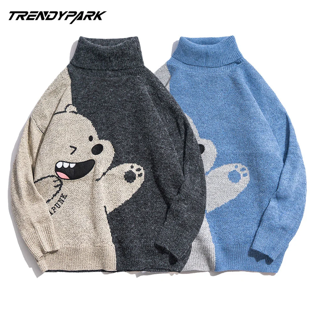 

2020 Men Turtelneck Neck Sweater Pullover Streetwear Funny Cartoon Polar Bear Print Knitted Sweater Autumn Warm Sweaters Jumper