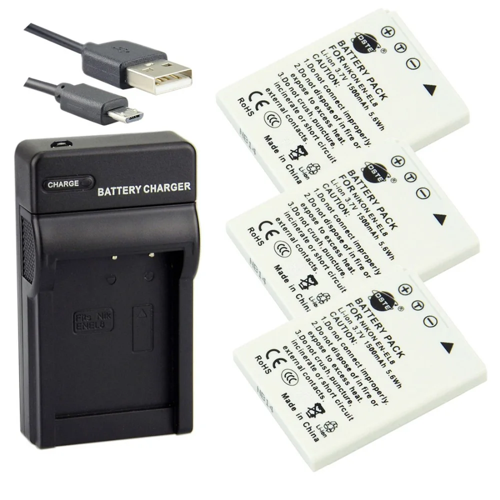 3Battery 1Charger 3 шт. 1500 мАч 3,7 V 5.6Wh DSTE EN-EL8 ENEL8 Li-Ion Батарея 1* USB Зарядное устройство для цифровой камеры Nikon Coolpix P4 P3 P2 P1 L1 L2 S5 S6 S7 S7c S8 S9 - Цвет: 3Battery 1Charger