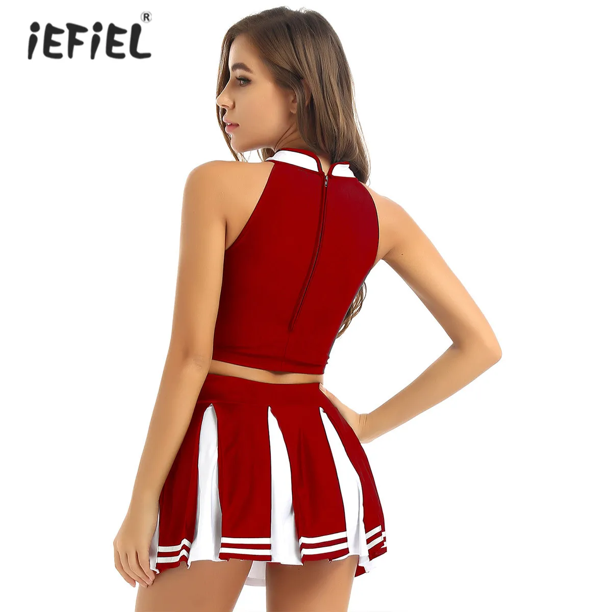 Women Adults Cheerleader Uniform Performance Outfit Japanese Schoolgirl Cosplay Costume Sleeveless Crop Top Mini Pleated Skirt