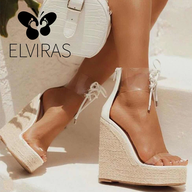 

ELVIRAS PVC sandals female transparent sandals buckle with wedge-shaped high heels flat cotton35-40