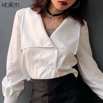 

KLALIEN elegant solid color office lady loose Slim top women shirt 2020 autumn long butterfly sleeve top simple white tees femme