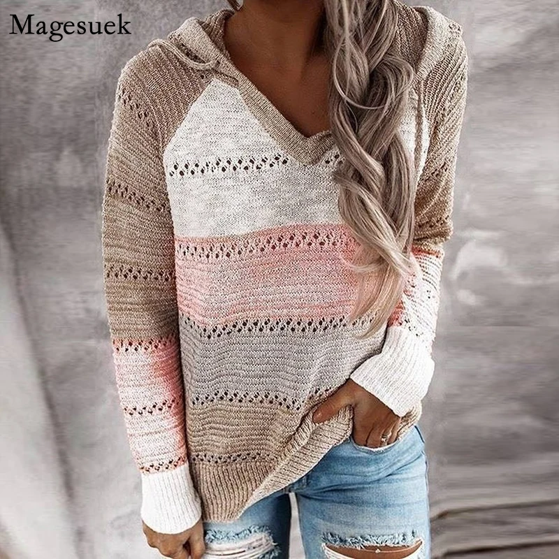 Autumn Winter V Neck Patchwork Hooded Sweater Women Casual Long Sleeve Knitted Top Striped Pullover Jumpers 11663 | Женская одежда