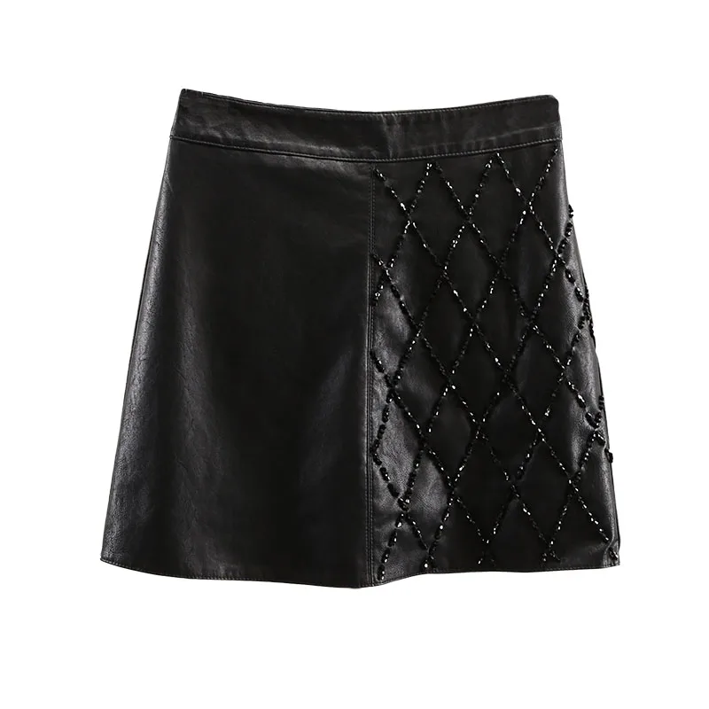 fashion stitching PU skirt beaded fashion decoration