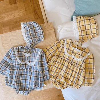

2020 Autumn Cotton Newborn Baby Girls Long Sleeve Doll Collar Plaid Cute Bodysuits Infant Kids Jumpsuits Toddler Outfits + Hat
