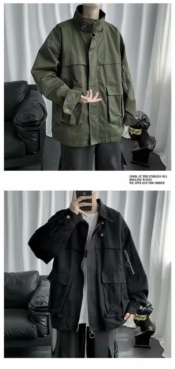 2022 jacket male student Korean loose casual trend multi-pocket all-match Hong Kong style coat men women retro cool top black bomber jacket