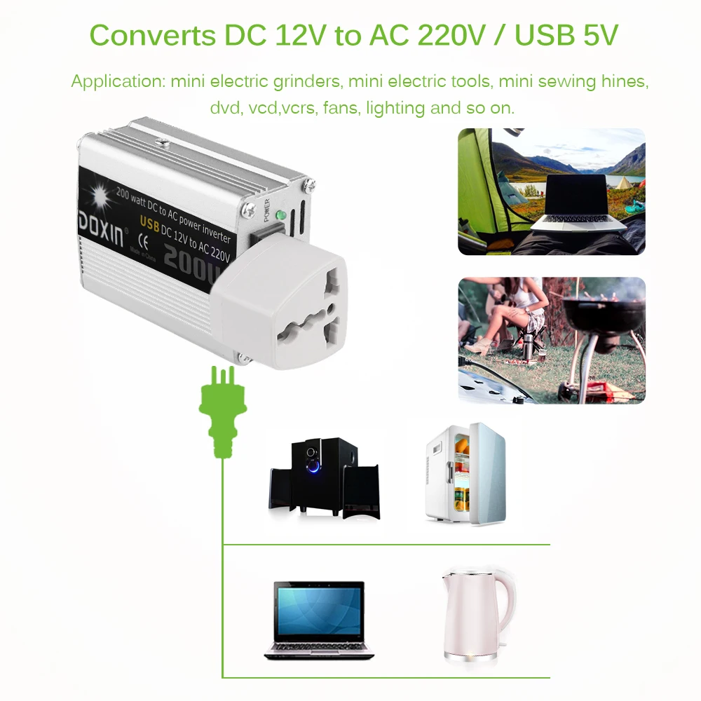 Onever 200W Watt DC 12V To AC 220V / USB 5V Portable Car Power Inverter Charger Converter Adapter DC 12 To AC 220 Modified Sine
