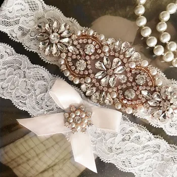 

Wedding Garter Set Bridal Pearl Crystal Rhinestone Lace Garter with Ivory bowtie