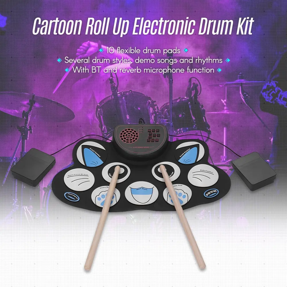 

Practice 9 Pads Roll Up Digital Drum USB Built-in Speaker Lithium Battery Electric Drum Set with Drumsticks and Foot Pedals