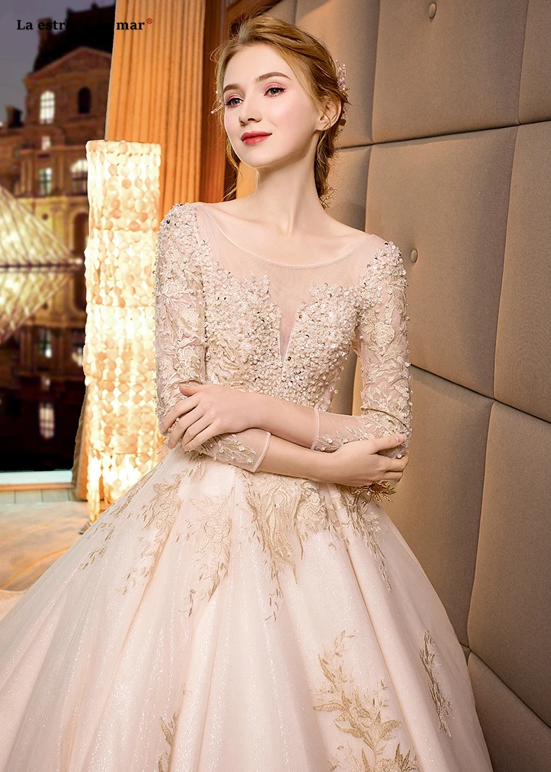 Vestido de noiva кружевной круглый вырез тюль бисером аппликация золотого цвета с длинными рукавами бальное платье цвета слоновой кости венчальное свадебное платье высокого качества r