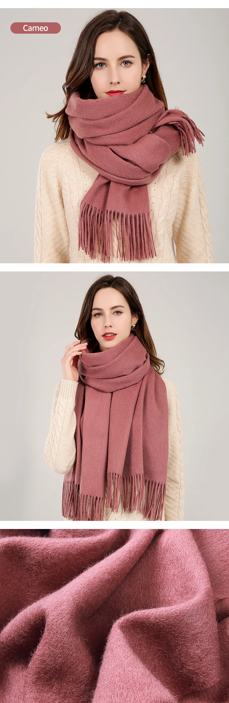 Winter Real Wool Scarf Women Echarpe Brand Tassel Shawl and Wraps Warm Foulard Pashmina Solid Beige Pure Wool Scarves