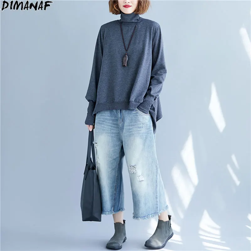 

DIMANAF Plus Size Women Tops Turtleneck Sweatshirt Tops Batwing Sleeve Casual Patchwork Solid Cotton Autumn New Tees Pullover