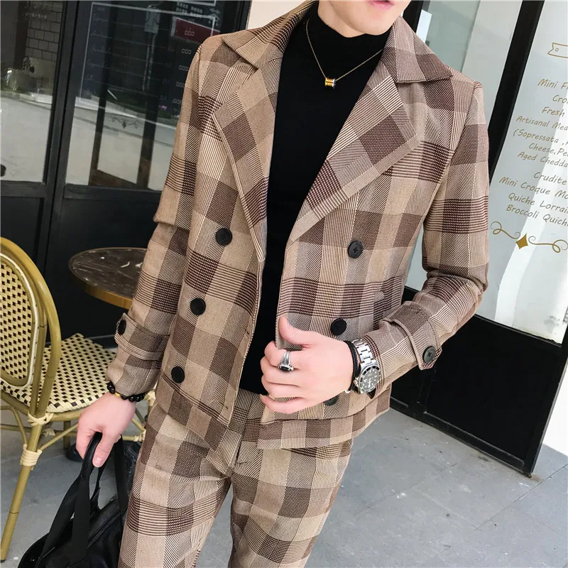 2019 autumn double-breasted men's plaid suit 2-piece suit (blazer + suit pants) men's fashion casual Slim large size plaid suits