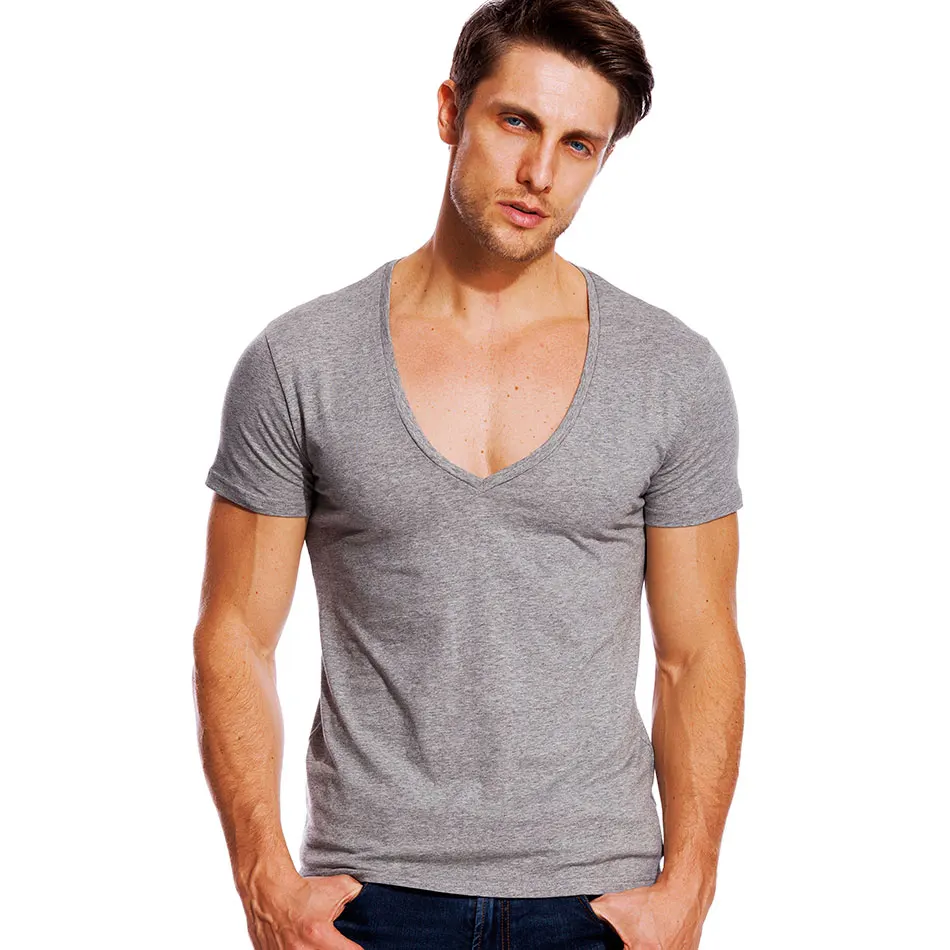 Fashion Mens' Casual T-Shirts Deep V Neck Fitness Tops Tee Short Sleeve T-Shirts 
