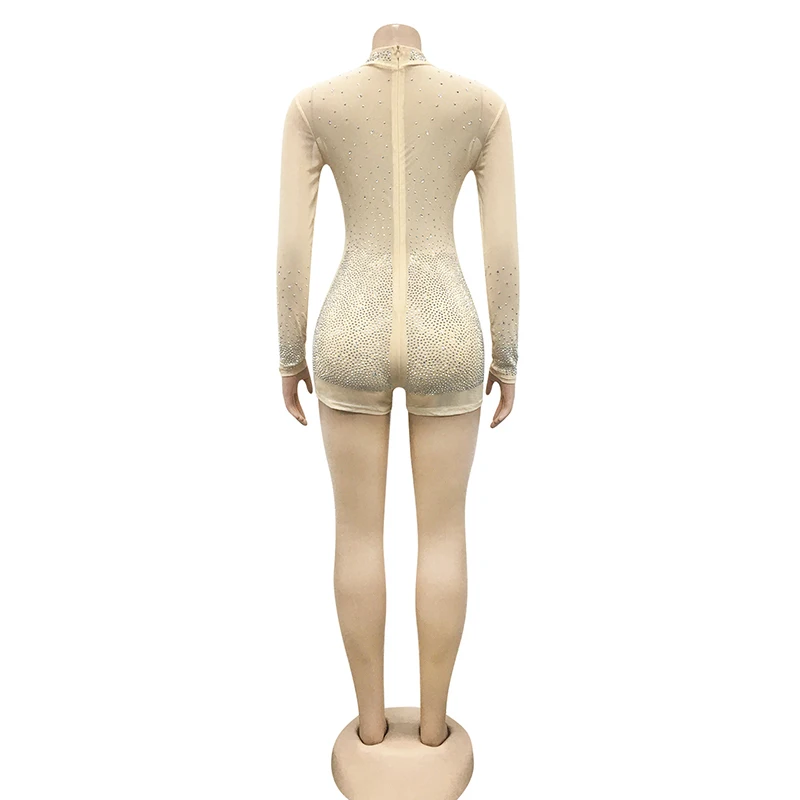 Kricesseen Sexy Diamond Crystal Skinny Short Jumpsuit Women New Stand Long Sleeve See Through Playsuit Night Clubwear Rompers