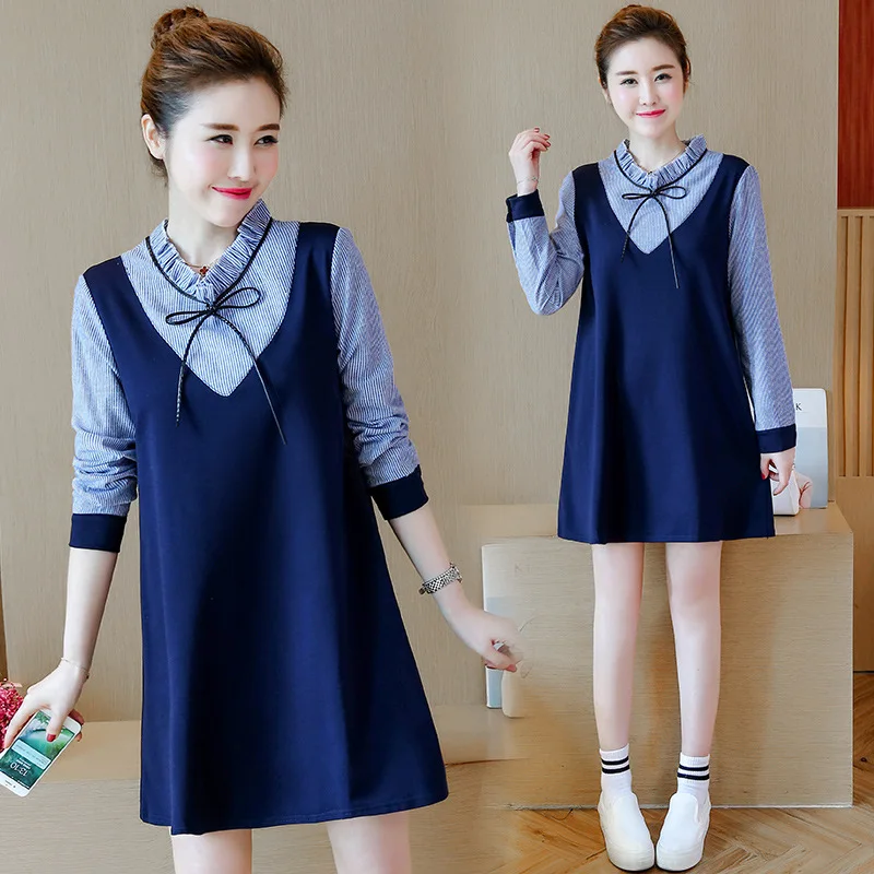 

Maternity Clothes Spring New Style Korean-style Fashion Fake Two-Piece Korean-style Long Sleeve Pregnant Women Dress Nursing Dre