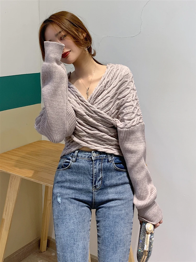 Neploe пуловер с v-образным вырезом, вязаный свитер, женский свитер с длинным рукавом, короткий топ, вязаный джемпер, корейский Однотонный пуловер для женщин 55927