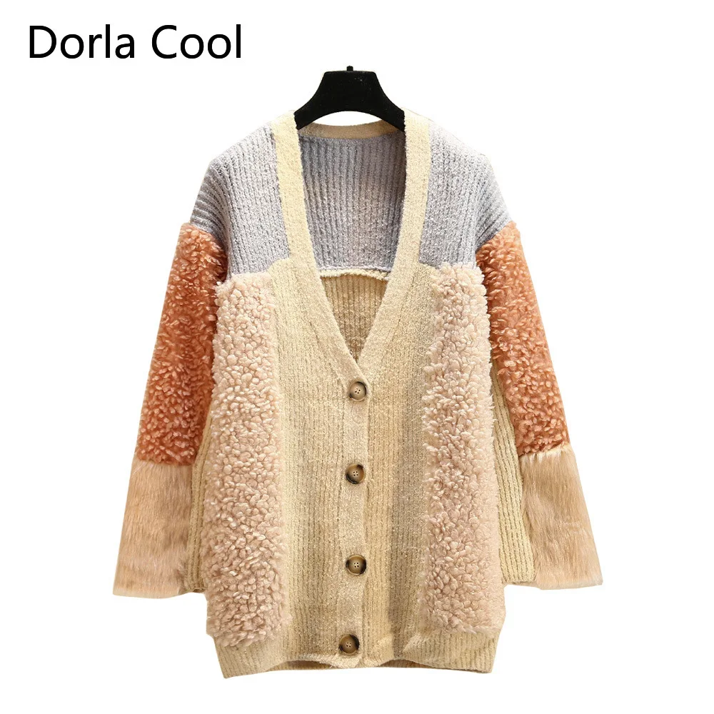 ^*Best Offers New Loose Cardigans For Women Faux Fur Patchwork Sleeves Wool Knitted Sweaters High Street Knitted Lady's Elegant Oversized Coat