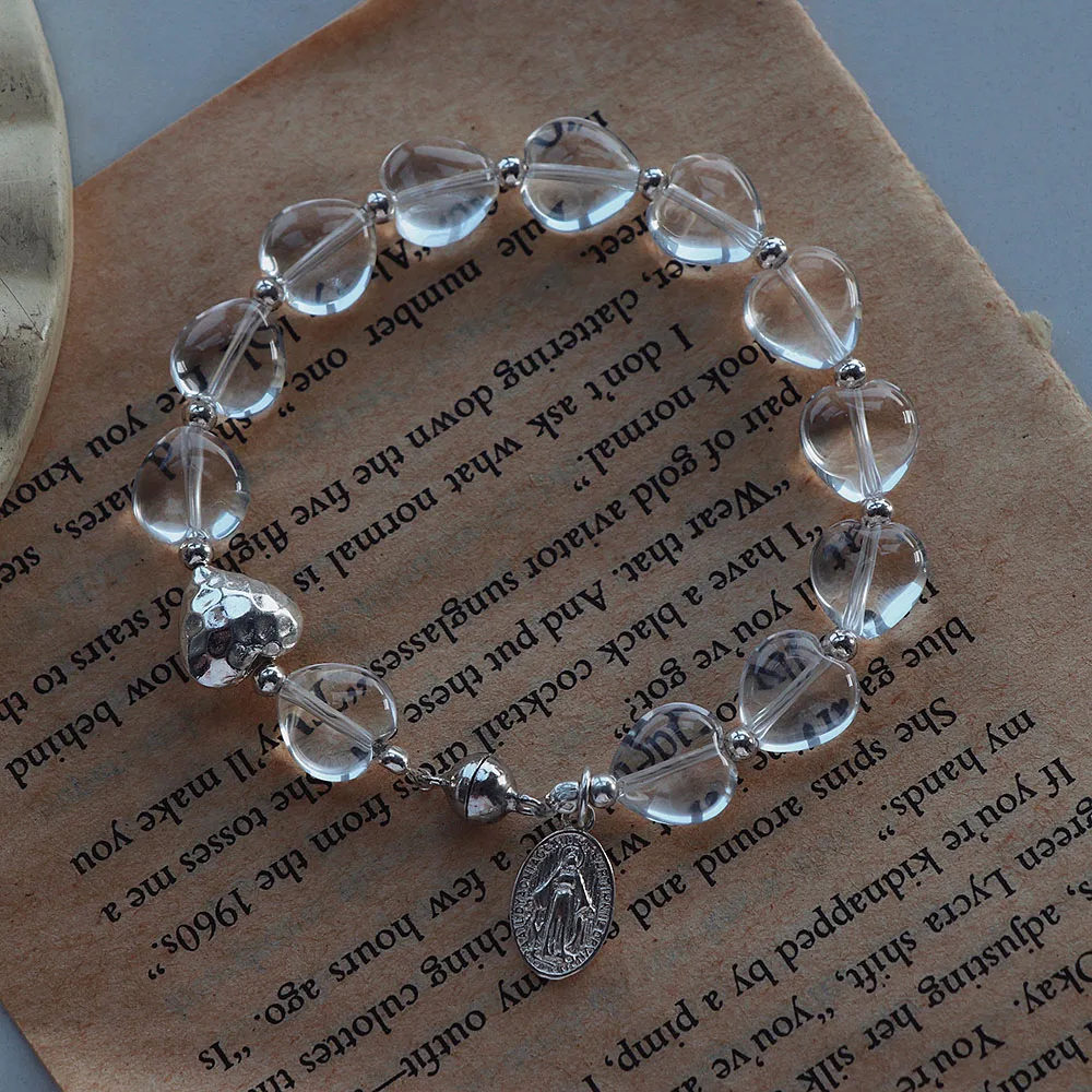 

GY Natural White Crystal Loving Heart in Sterling Silver Magnetic Snap Bracelet Purification Magnetic Field Cold Wind