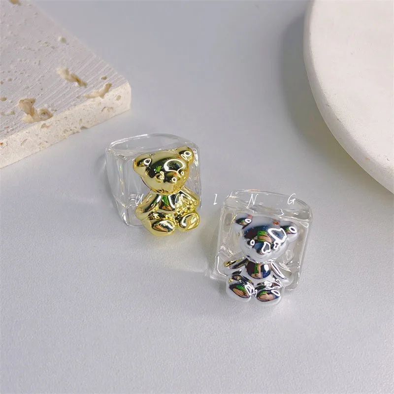 Cartoon Cute Sweet Color bear Transparent Resin Rings Geometric Acrylic Square Ring For Women Girls Party Jewelry Gift finger ring ring set
