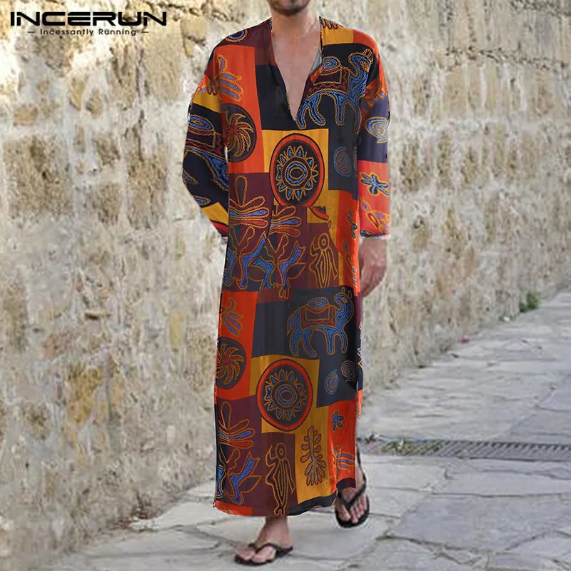 

INCERUN Men Muslim Arabic Kaftan Printed V Neck Vintage Long Sleeve Men Clothes Jubba Thobe Abaya Dress Islamic Dubai Arab Robes